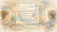 FAQ 構造化データが検索結果でユーザーとサイト運営者の視点をつなぐ様子の抽象イラスト
