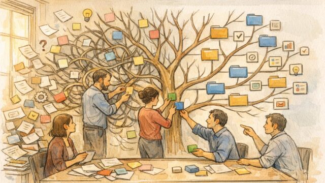 散らかった情報をチームで整理しながら分類する様子で示す、カテゴリー分け コツ
