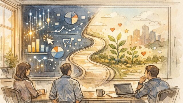 AI 広告運用 自動化でのデータ重視とブランド関係性のバランスを描いたイラスト