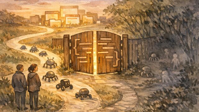 夕暮れのデジタル庭園で門が経路を分ける様子でrobots.txt 設定の制御範囲を象徴的に表現