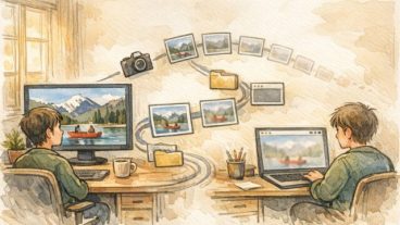 WP 画像 ぼやける 解決策として、アップロードから表示までで画質が落ちる過程を対比したイラスト