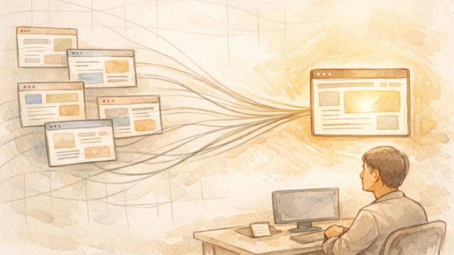 複数の類似ページが一本の正規ページに集約される様子を示す、canonical 属性 使い方の概念図