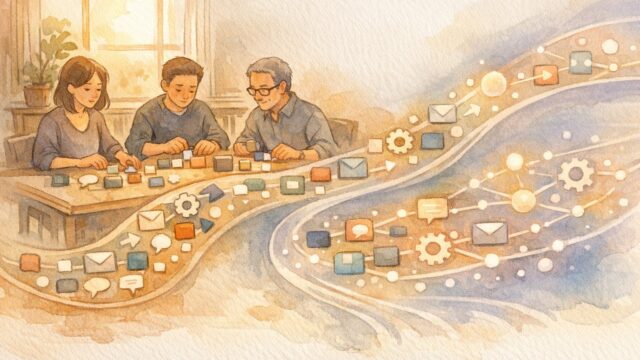 Zapier AI 連携 効率化を象徴し、人の作業と自動化タスクを静かに整理するワークフロー構図
