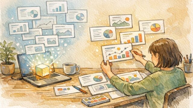 AI パワポ 作成 時短でAIがスライド案を生成し、人が細部を調整する様子