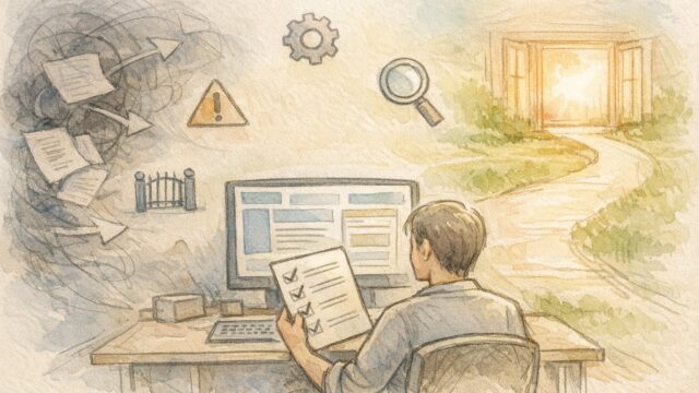 インデックスされない対策を整理し技術的要因をチェックするワークスペースイラスト