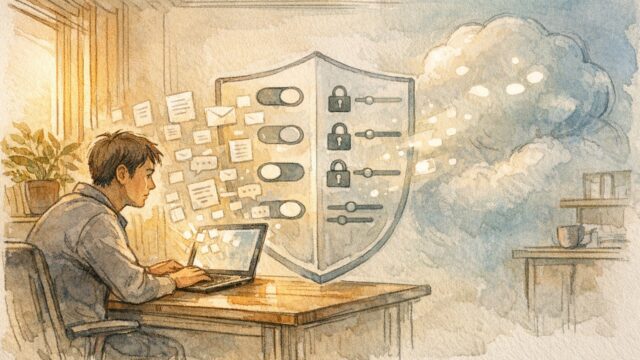 オフィスでAI利用中の情報がクラウドへ流出しそうな様子とAI 情報漏洩 防ぐ 設定のイメージ