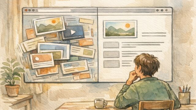 CLS 改善で揺れるレイアウトと安定した閲覧体験を見比べる人のイラスト