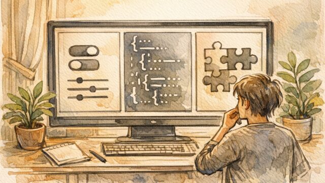 WordPress フォント 変更 方法の基本選択肢を比較検討する作業机のイラスト