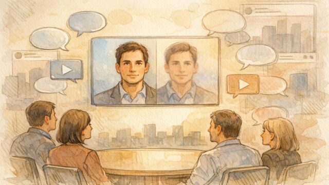 オフィス会議で二つの顔を見比べる人々, ディープフェイク 悪用 防止を象徴的に表現