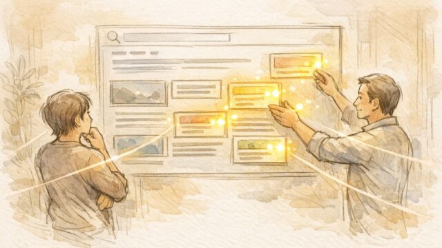 検索結果画面でスニペット 表示させる役割を対話的に整理したイラスト