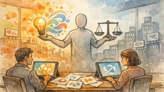 AI生成物の商標登録をめぐる創造性と法的保護のバランスを象徴的に描いたイラスト