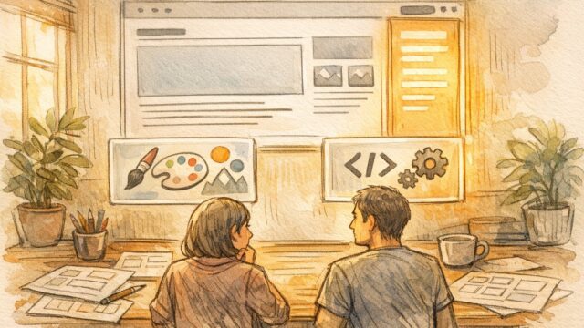 WordPress サイドバー 固定方法を検討する作業机とレイアウト比較イラスト