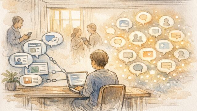 サイテーション SEOで言及と被リンクの違いを示すイラスト, 信頼形成のバランスを表現