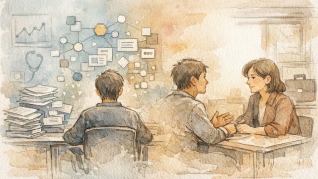 人間の仕事 AI に奪われる論を整理しつつ、AIと人間が協働する職場のイラスト