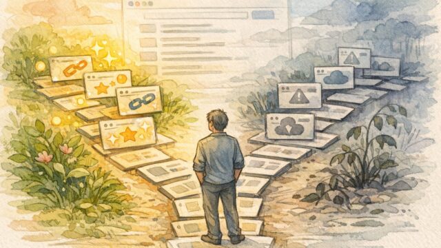 中古ドメイン メリット デメリットを静かに比較検討する人物と分かれ道のイラスト