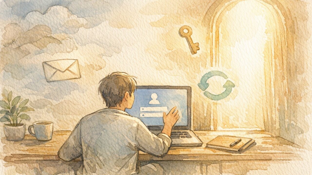 WP パスワード忘れた 復旧への第一歩として、落ち着いた雰囲気でログイン再設定を示すイラスト