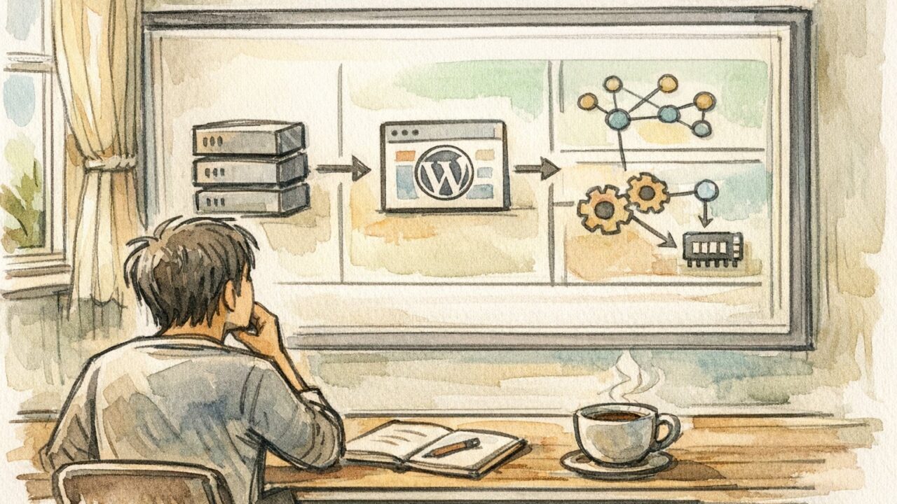 WordPress 500 Internal Server Error 原因をサーバー側設定や構成図から落ち着いて整理する様子