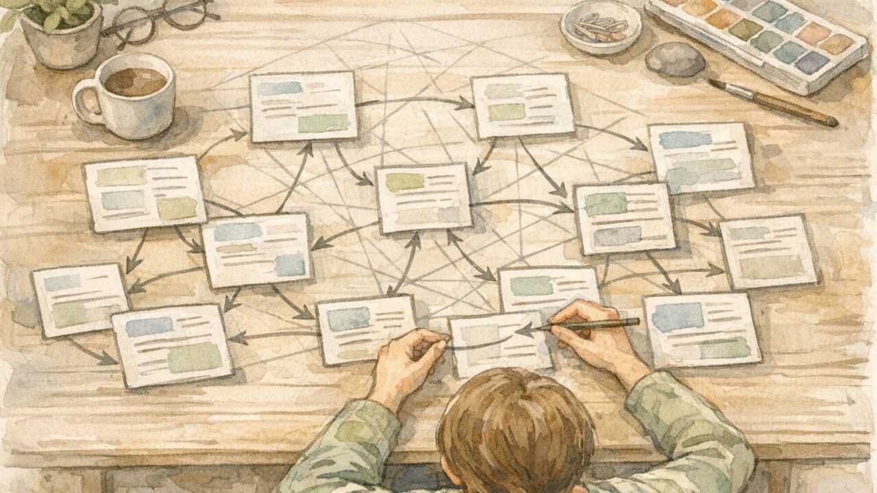 机上でメモをつなげて整理する人物と内部リンク 構造のイメージイラスト
