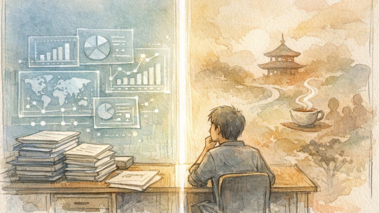 AI 市場調査 プロンプトで机上リサーチと人の仮説思考を分けて示すワークスペースイラスト