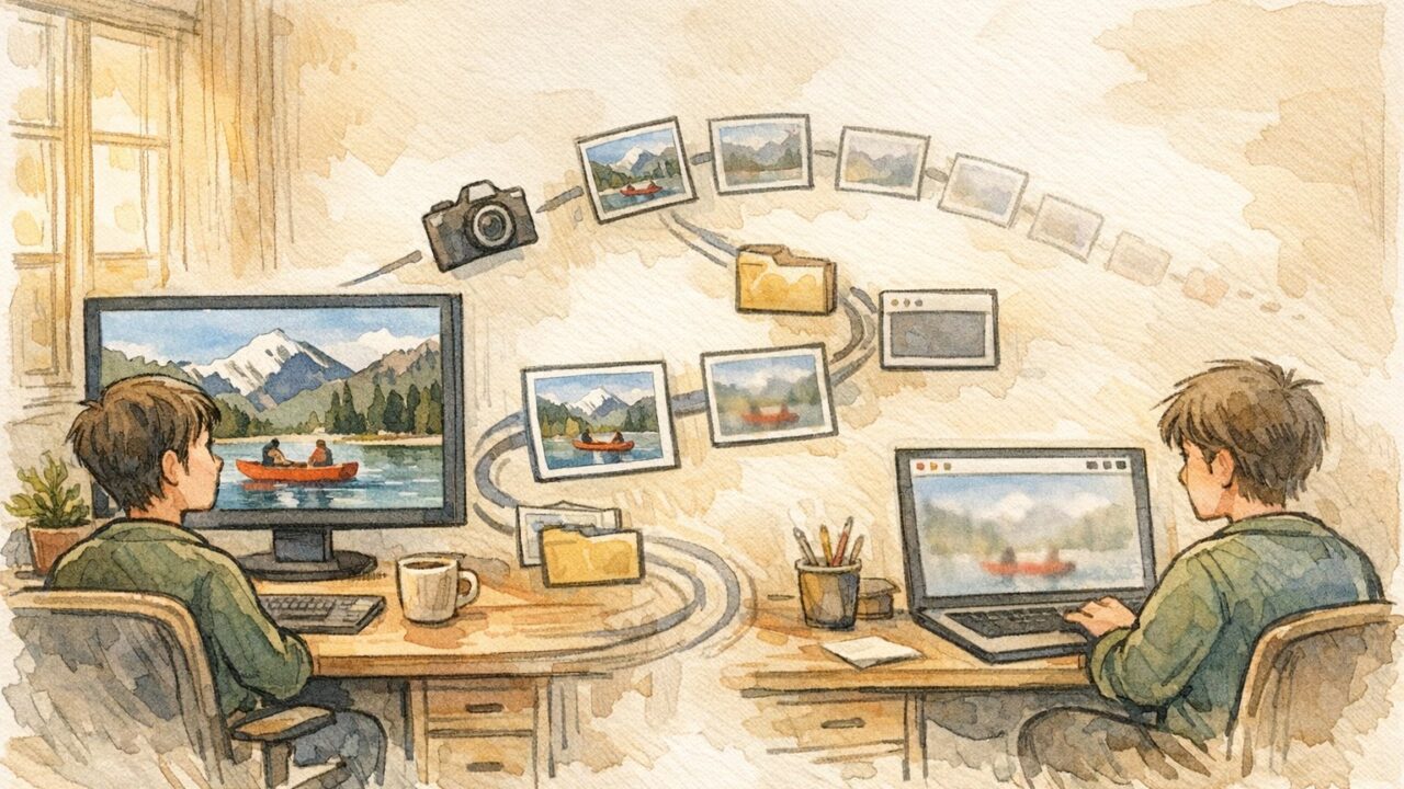 WP 画像 ぼやける 解決策として、アップロードから表示までで画質が落ちる過程を対比したイラスト