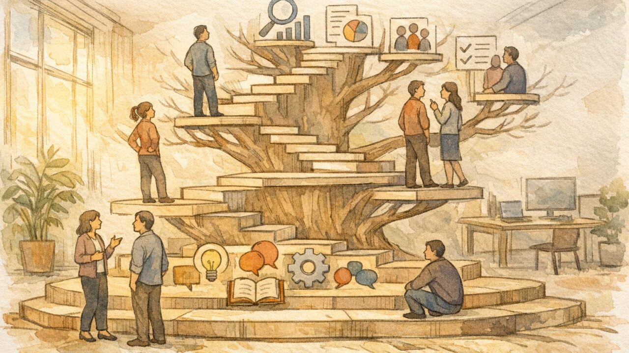 AI 研修 カリキュラム 内容の基本構造を階段状に可視化し、段階的成長を示すイラスト