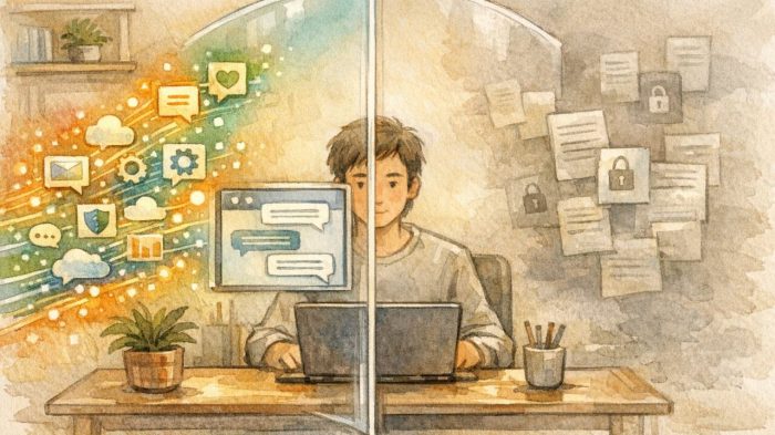生成AI セキュリティ リスクを象徴する机上の利用シーン、技術対策と見落とされた機密情報の対比
