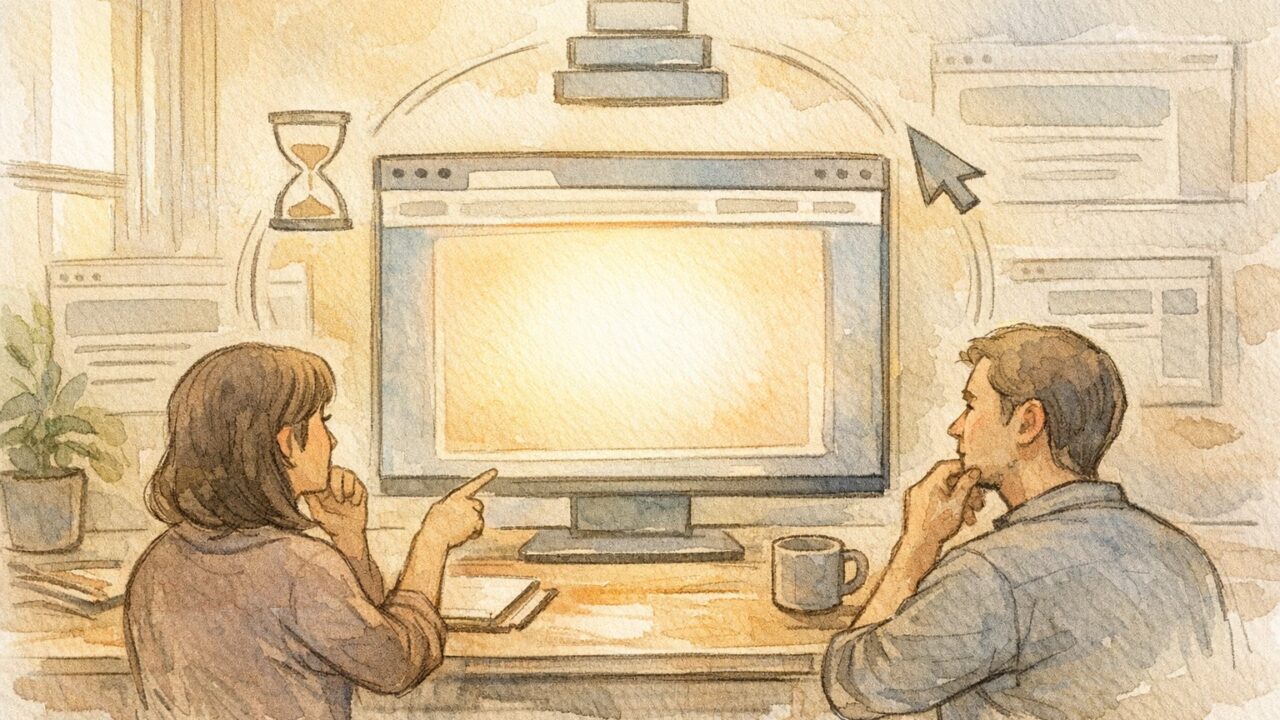 LCP 改善で重視する最大要素と速度・安定性のバランスを俯瞰するイラスト
