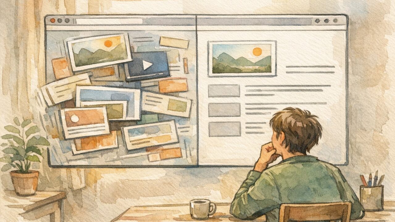 CLS 改善で揺れるレイアウトと安定した閲覧体験を見比べる人のイラスト