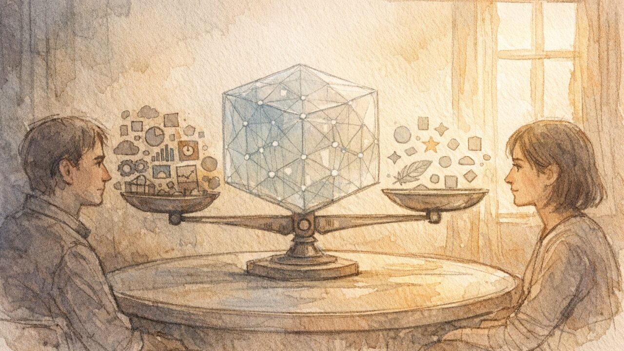 穏やかな部屋でAI的な立方体と天秤を見つめる人物、AI バイアス 偏り 理由を象徴