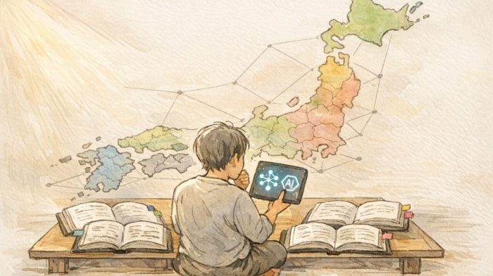 生成AI 法規制 日本の現状を象徴的に描いた日本地図と法令書、タブレットを見つめる人物