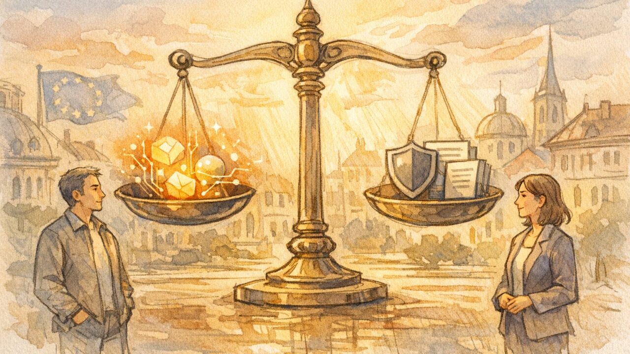 EU AI法 影響を象徴する天秤に革新と規制を載せた欧州の街並みイラスト