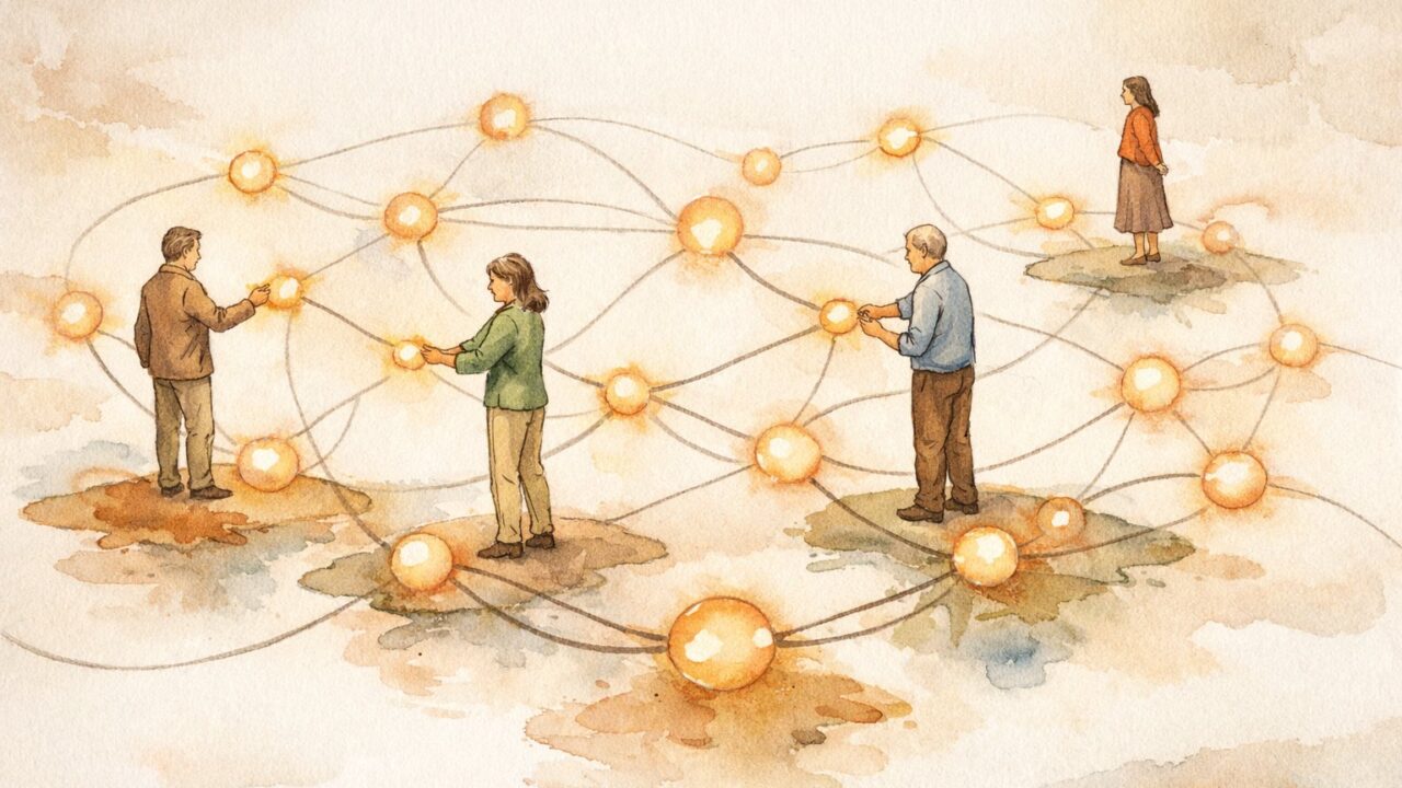 リンクビルディングを人の信頼関係になぞらえた抽象的なネットワークイラスト