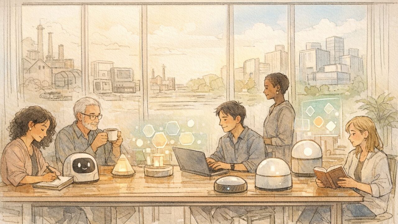 AI 共存 社会 のあり方を象徴する穏やかなオフィス空間で人とAIが共に過ごす様子