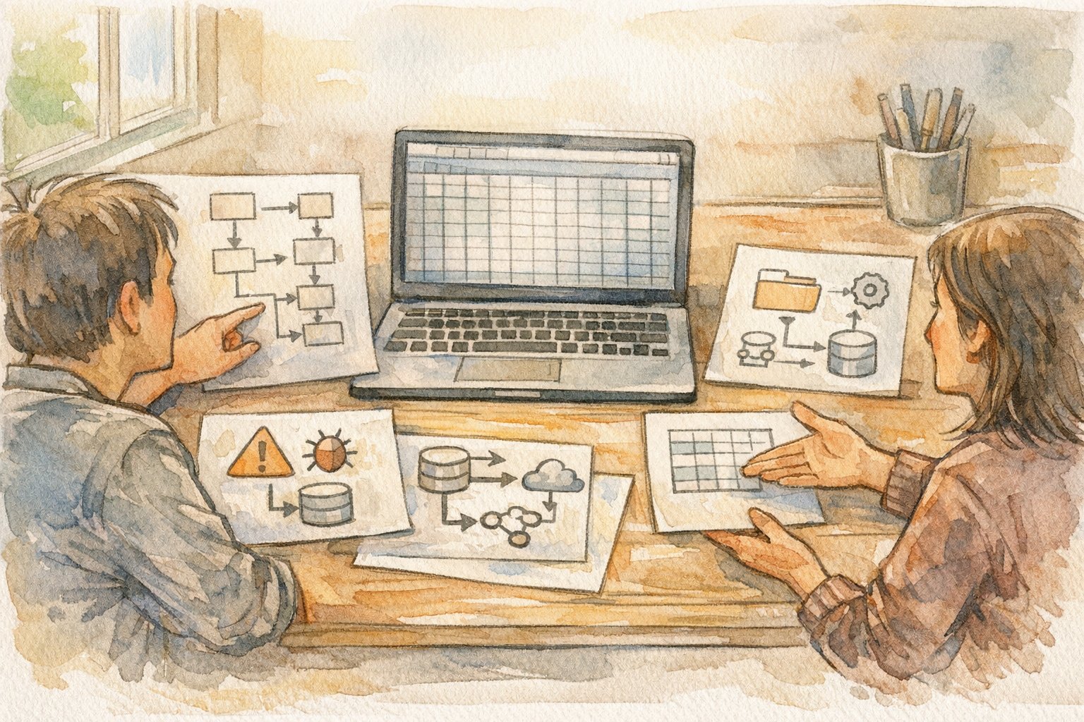 Excel マクロ AI 作成の要件粒度を相談するビジネスデスク風景