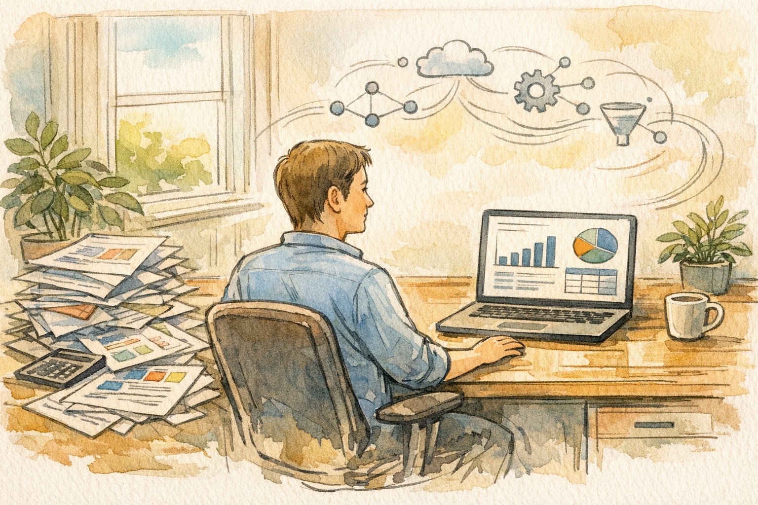 Excel マクロ AI 作成で雑多なスプレッドシート業務を整理し洞察へ転換するデスクワークシーン