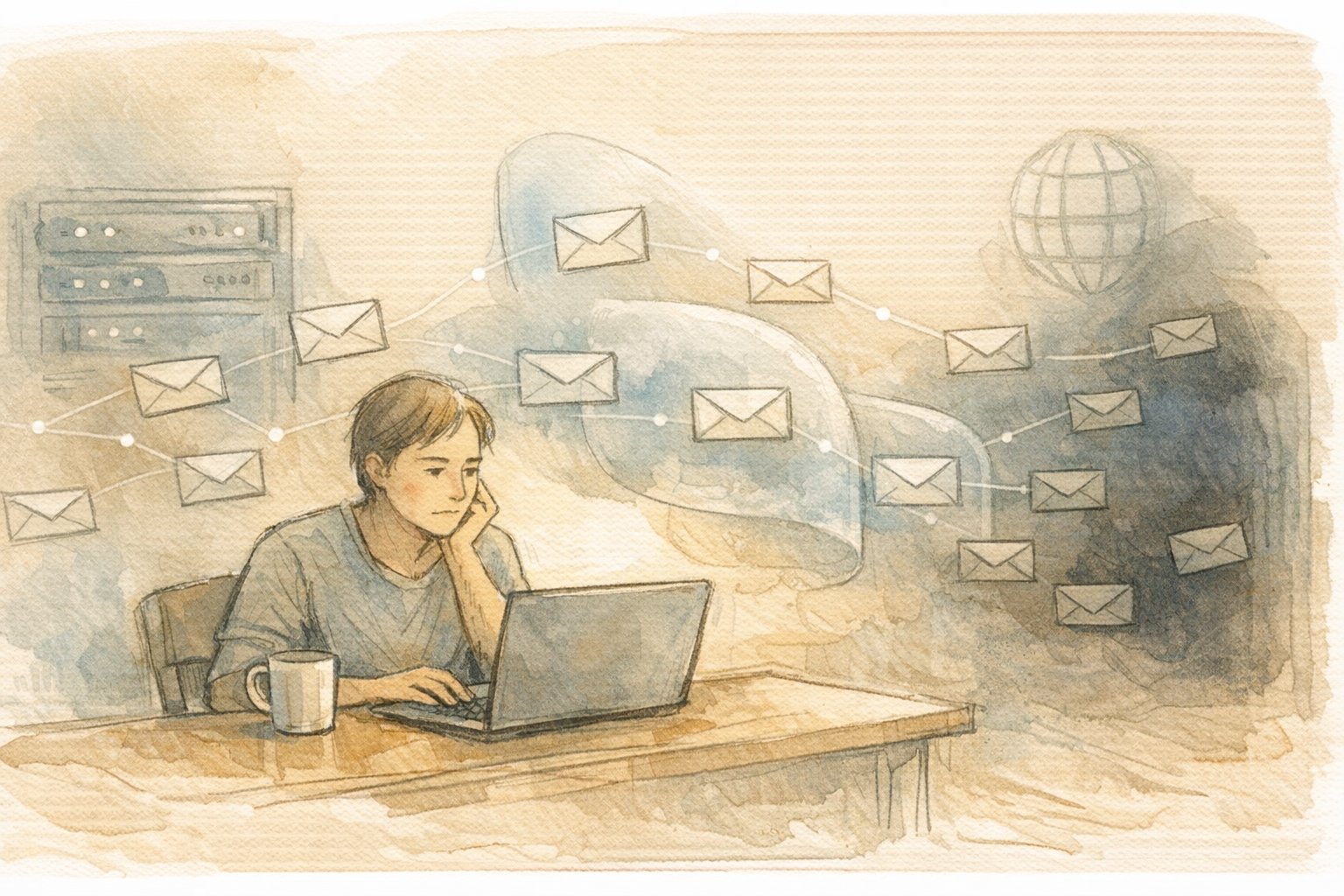 WP パスワード忘れた 復旧時のメール不達をイメージした、迷子になる通知とフィルターの概念図