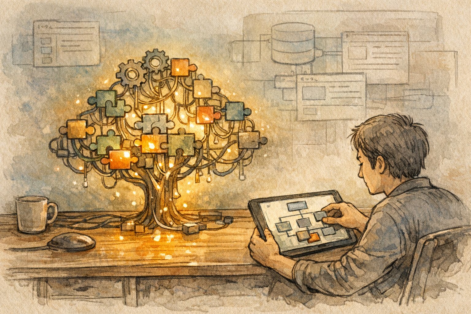 WordPress本体とプラグインの関係が絡み合う木を描いたイラストで、WordPress 500 Internal Server Error 原因の静かな衝突を表現