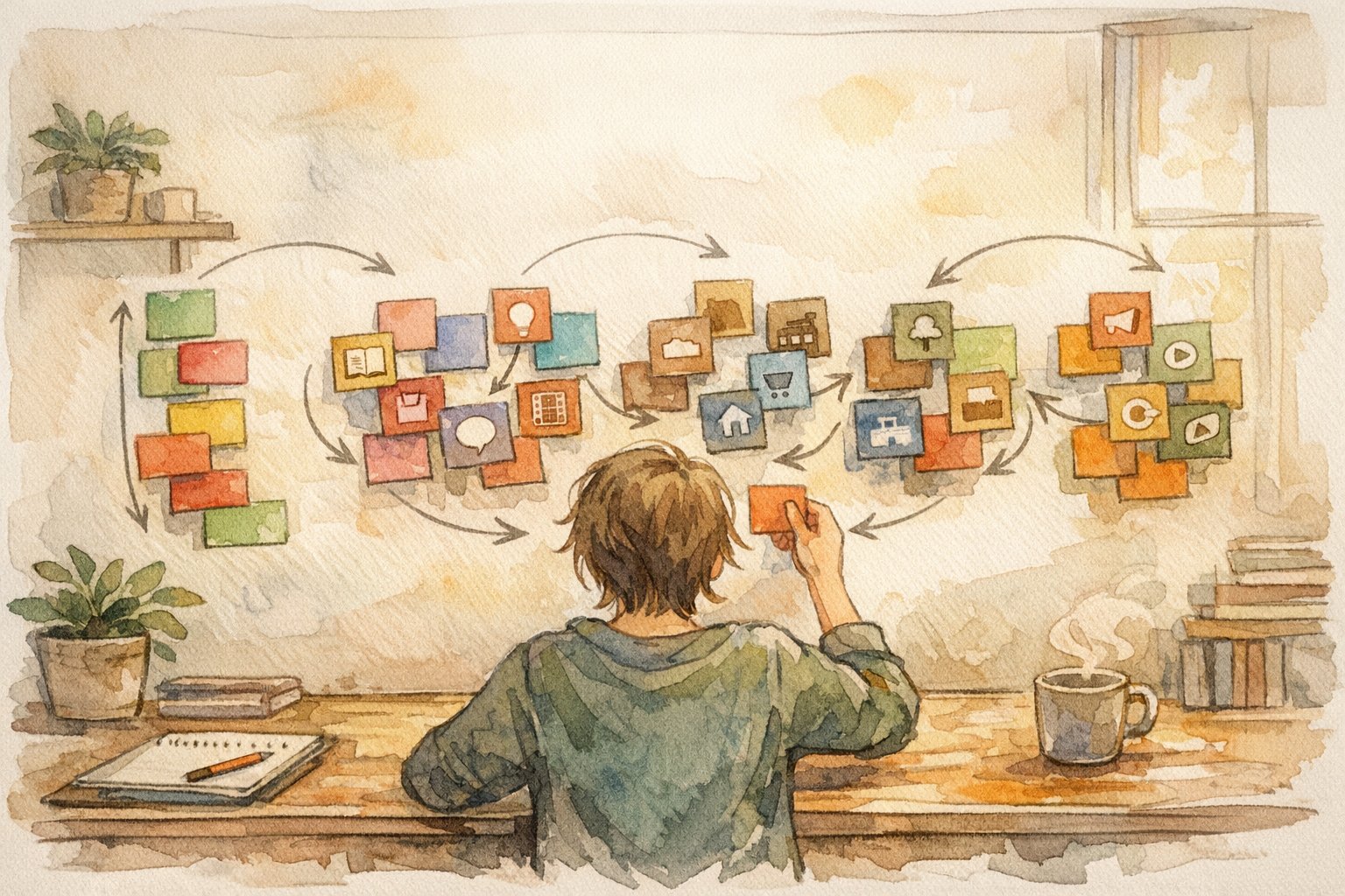 穏やかな作業机でタグ分類を考える人物、タグ 使い方 SEOの設計イメージ