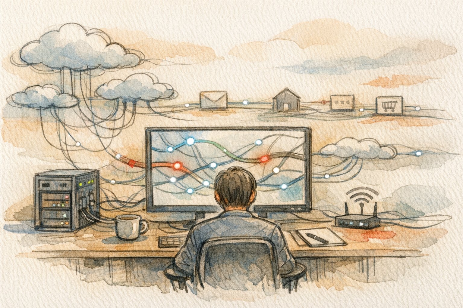 504 Gateway Timeout 直し方の前提となる整理された原因パターンを象徴的に示すイラスト