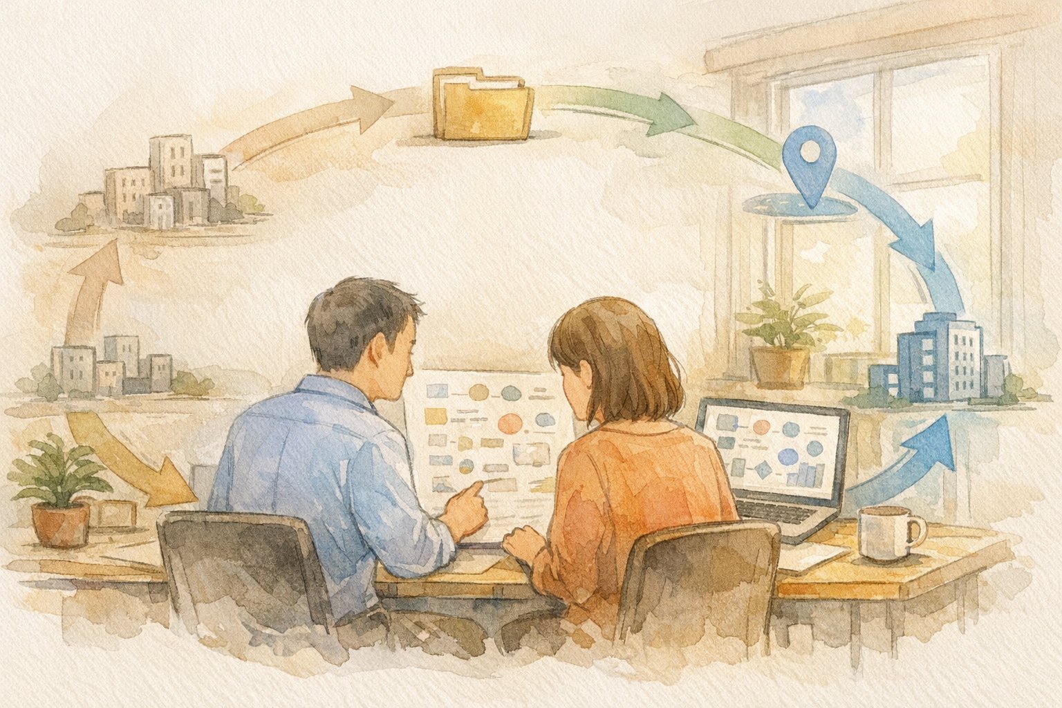 AI 営業リスト 作成前に、営業プロセスとの関係性を見直す様子のイラスト