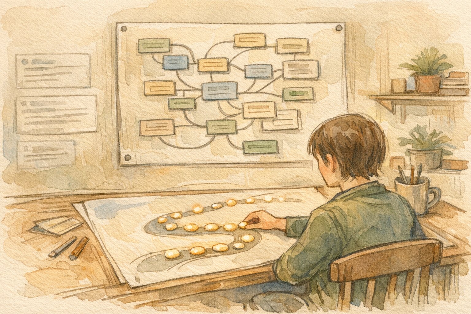 パンくずリスト 設置をテーマに、情報設計と構造化データの関係を示す落ち着いた手描きイラスト