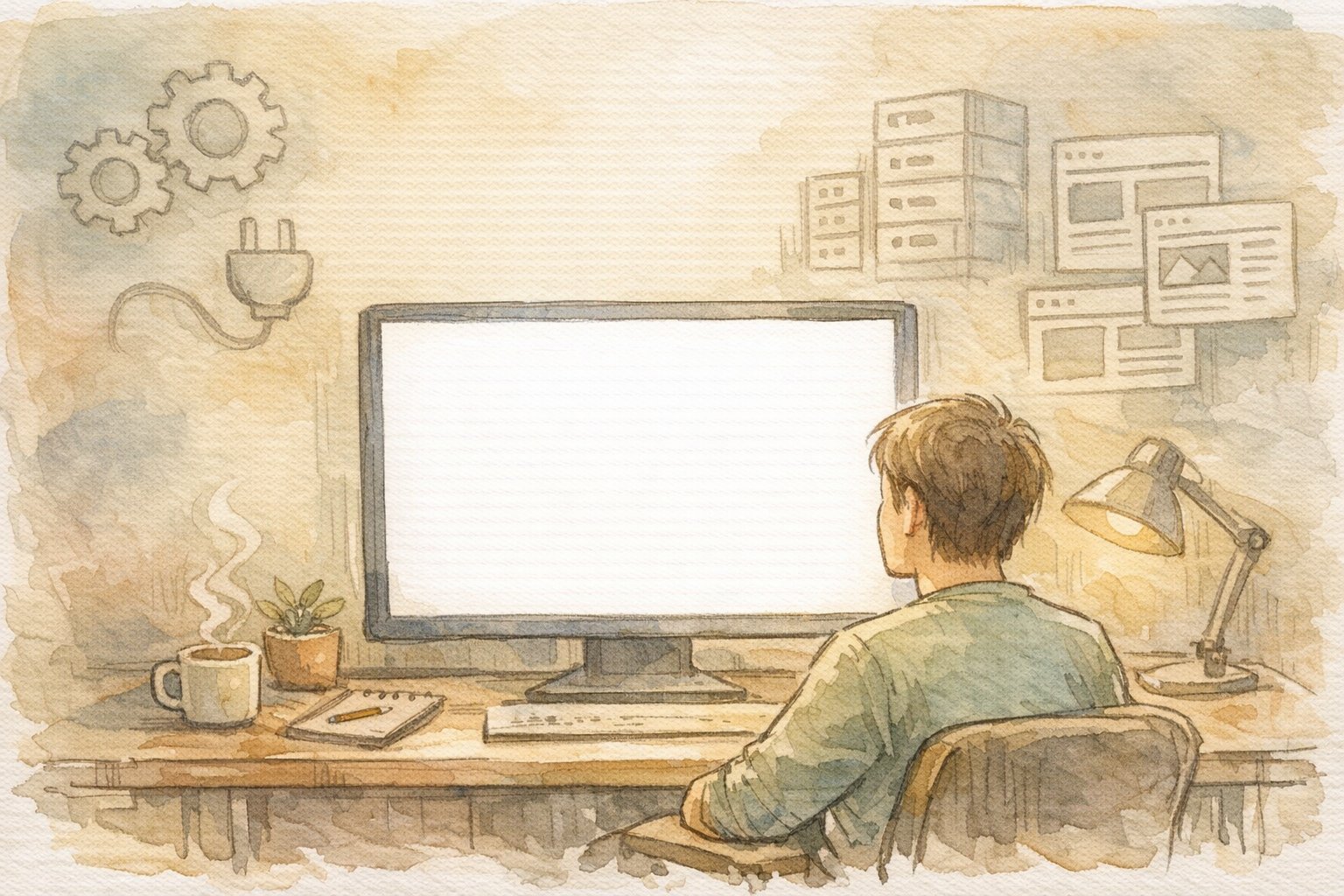 WordPress 画面が真っ白になった（ホワイトスクリーン）状態を机で静かに整理する人物イラスト