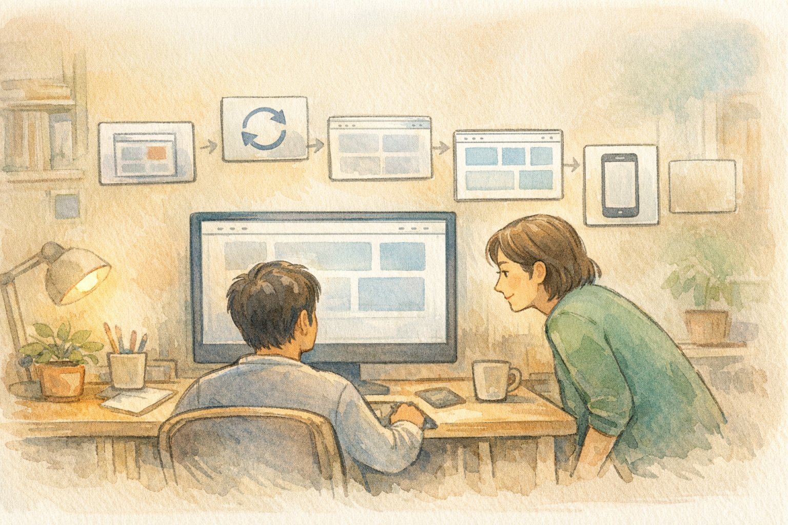 WP 記事が更新されない キャッシュ対策の運用フローを机上で確認する二人の作業シーン