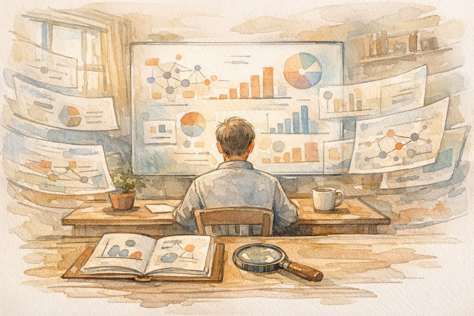 AI 市場調査 プロンプトを扱うデスクワーク風景、人の解釈と検証を象徴するイラスト