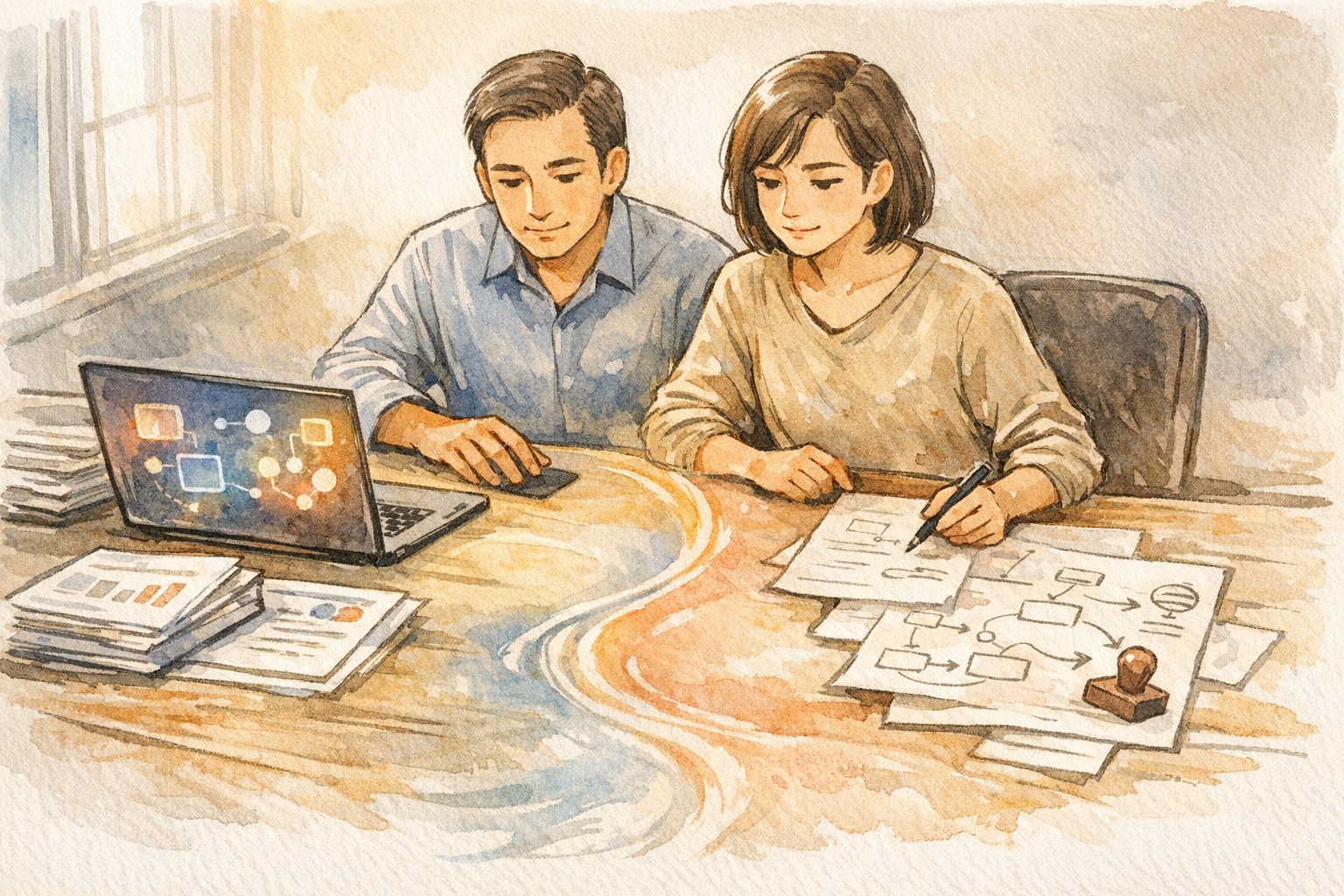 AI 稟議書 書き方における、人とAIの役割分担と協働を示すイラスト
