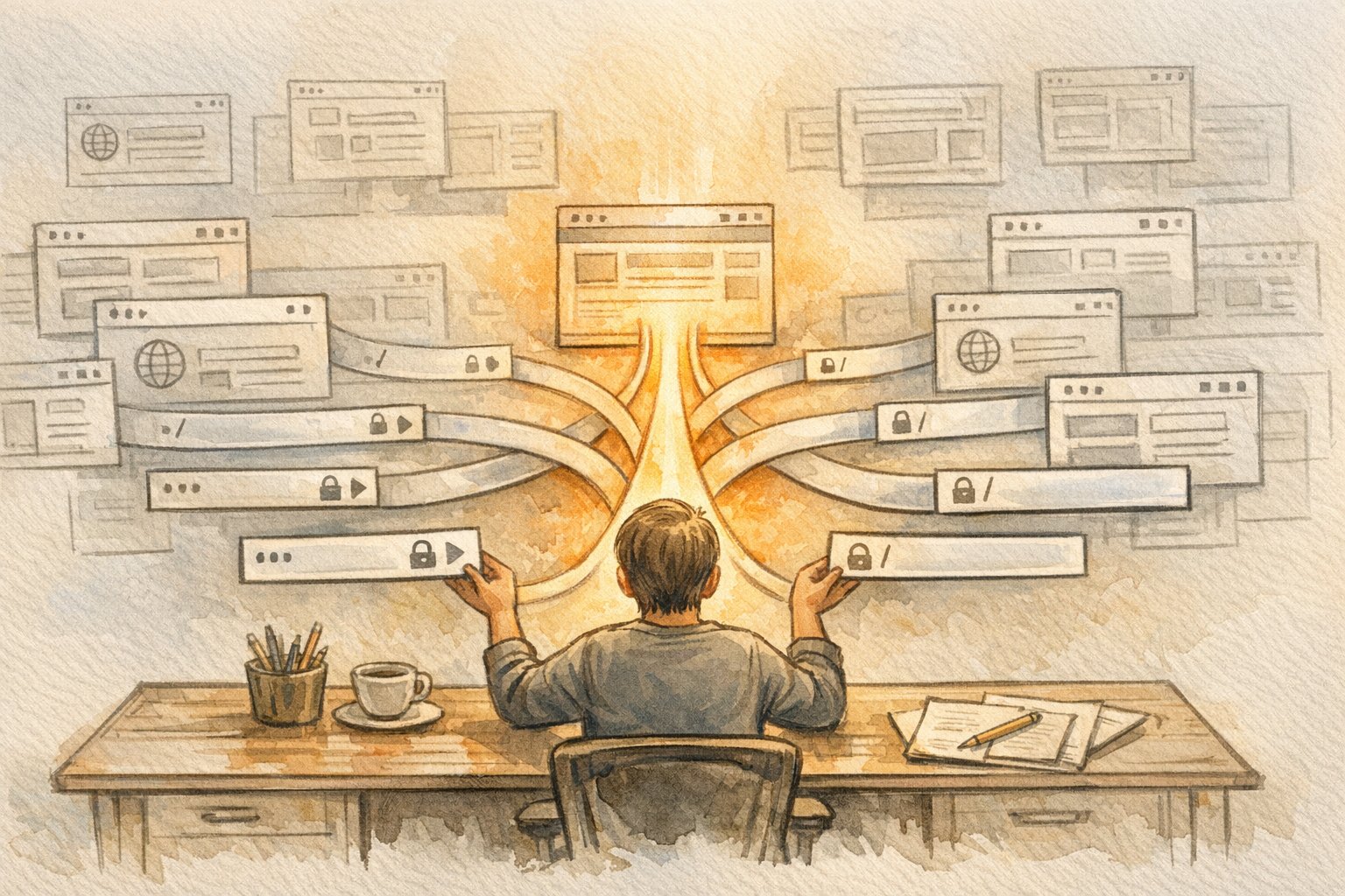 複数ページやURLを一つに整理するイメージで示す、canonical 属性 使い方の概念図