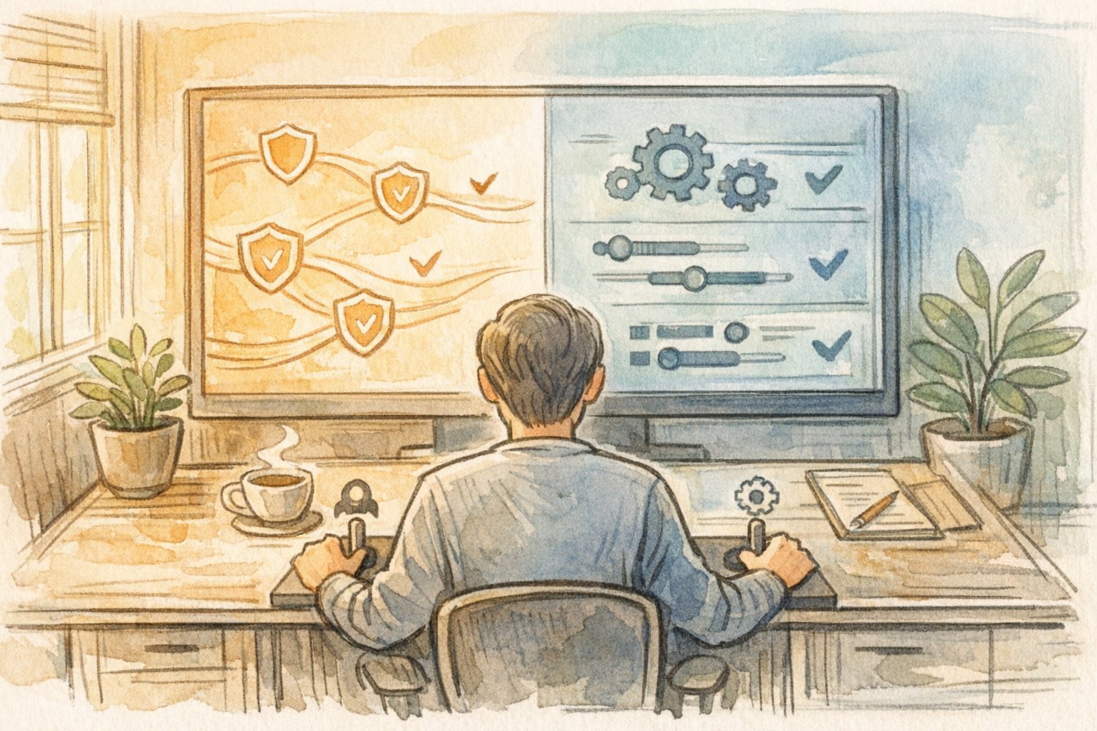 WordPress 自動更新 停止をテーマに、更新リスクをバランス調整する作業デスクと画面のイラスト