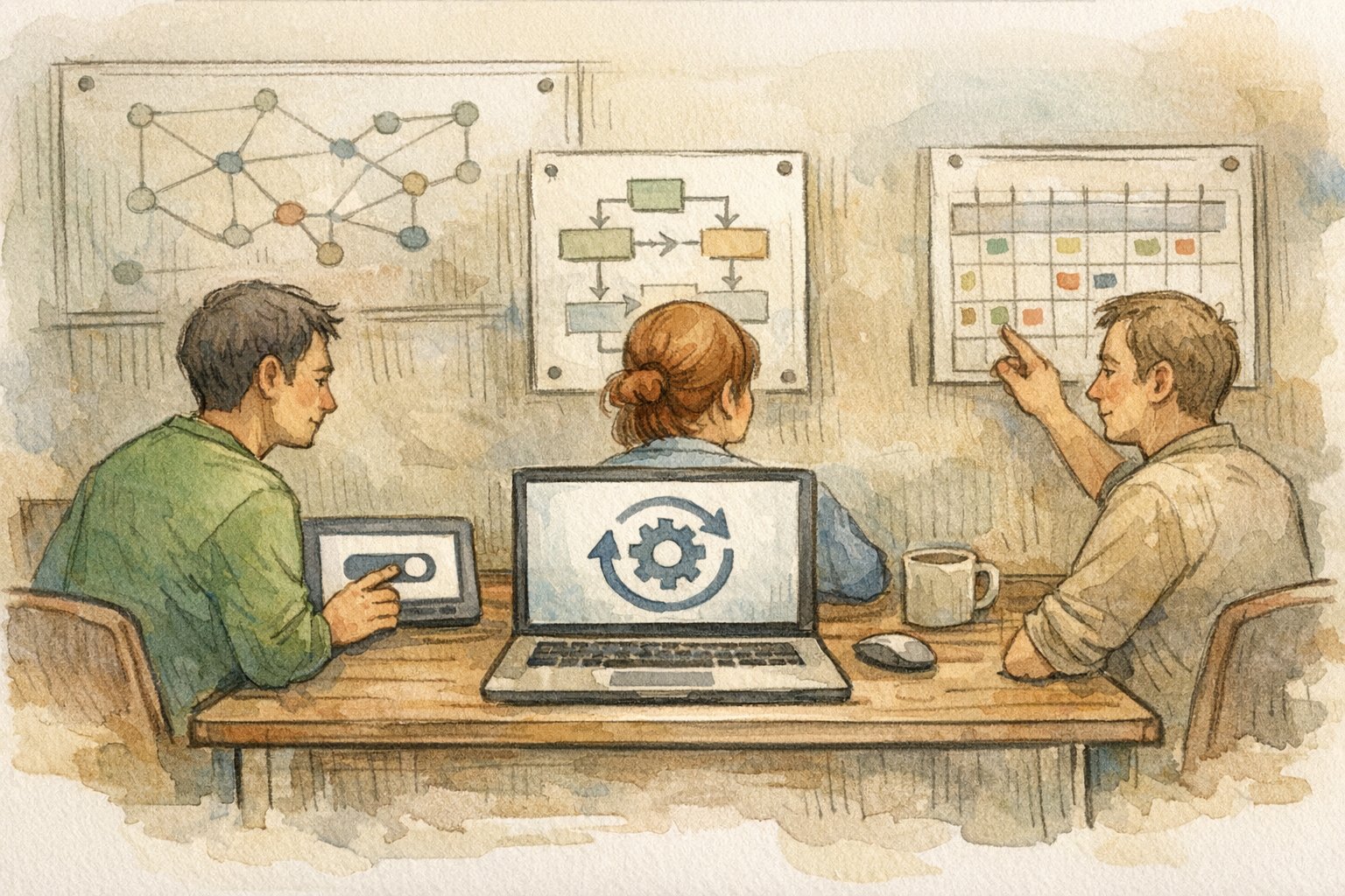 WordPress 自動更新 停止をチームで管理し役割分担する様子を描いたイラスト