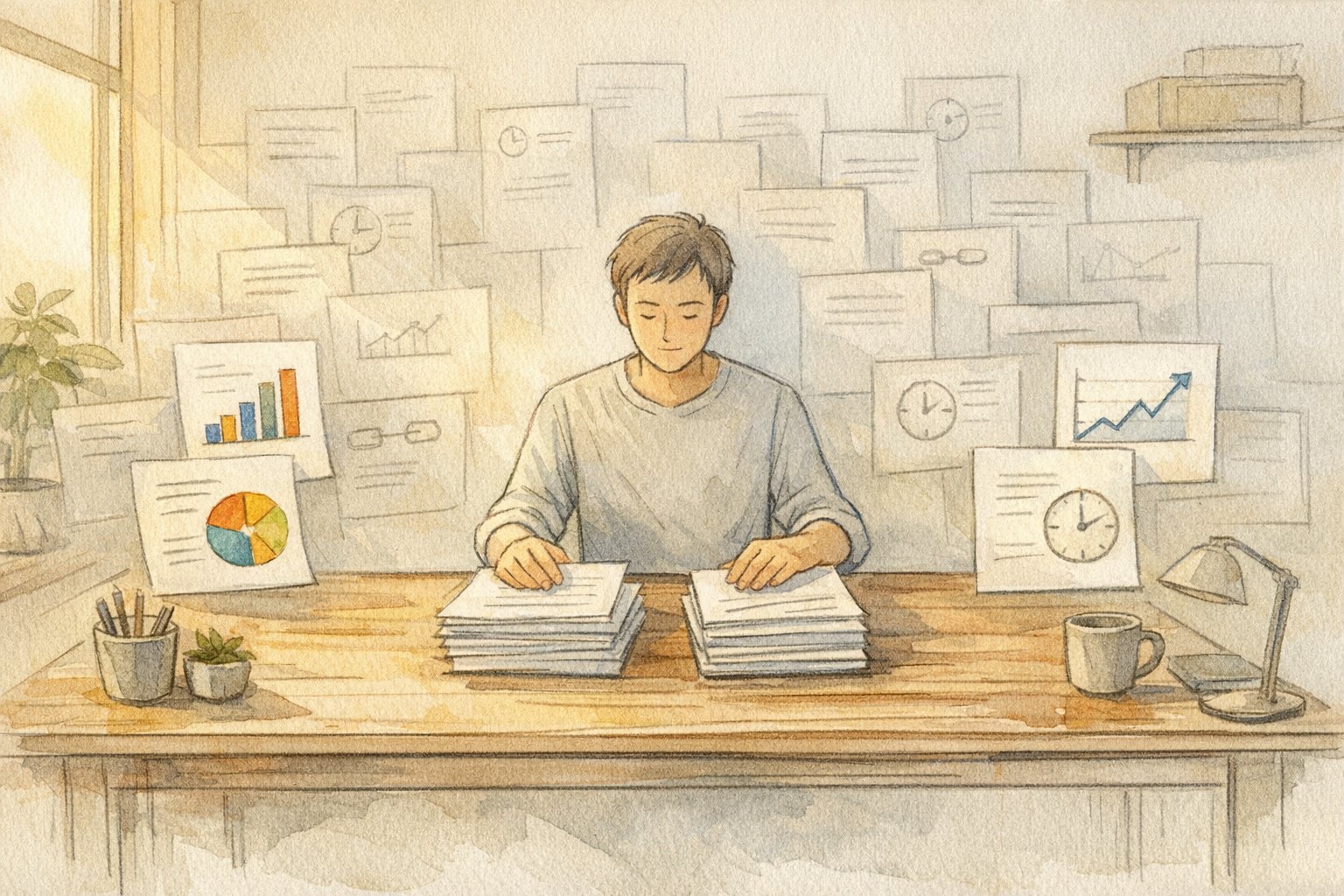 重複コンテンツ 削除の実務をイメージした机上作業、重要な資料だけを選別して整理する様子