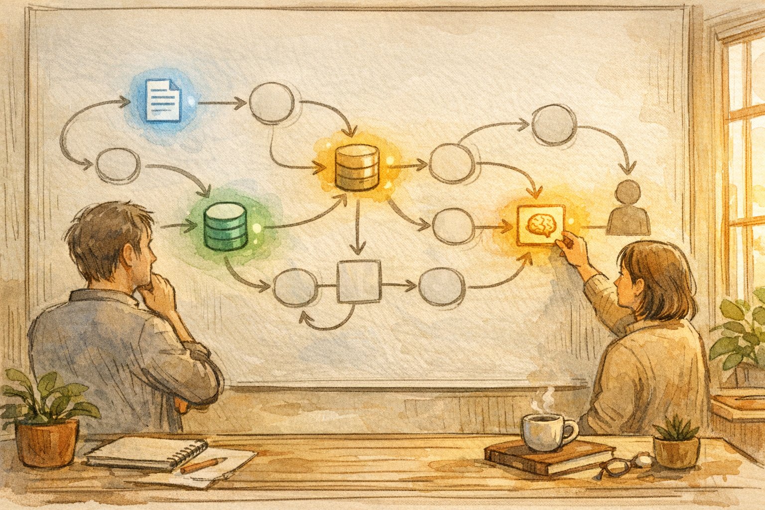 Make AI 自動化 ワークフローを俯瞰し人とAIが協調設計するスタジオ風イラスト